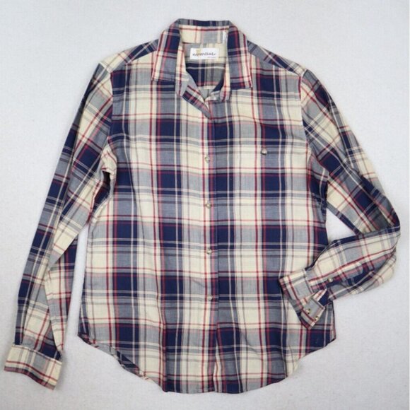 VINTAGE WOMEN'S BLUE & BEIGE PLAID LONG SLEEVE BUTTON-UP SHIRT - ESSENTIALS - 10 - Picture 2 of 8